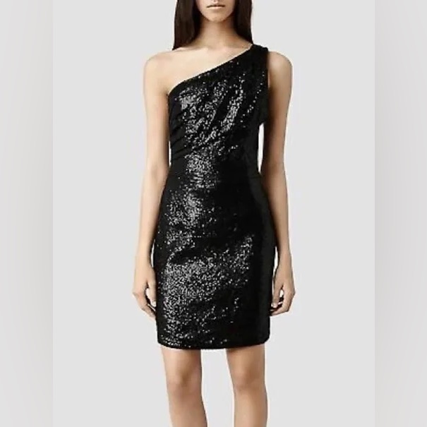Allsaints Black Sequin One-Shoulder Mini Dress.
